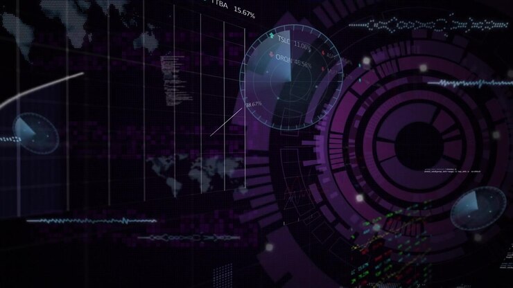 Animation of processing circle over black background with diverse data