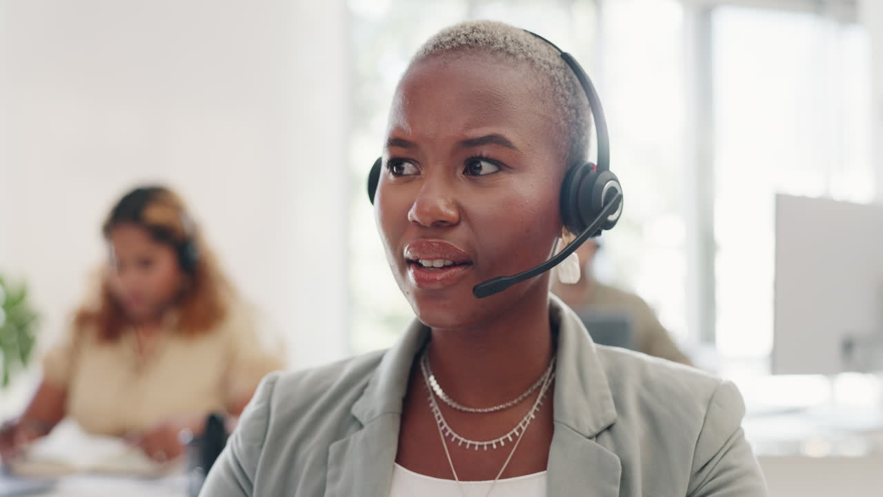 Woman, confused face or call center talking