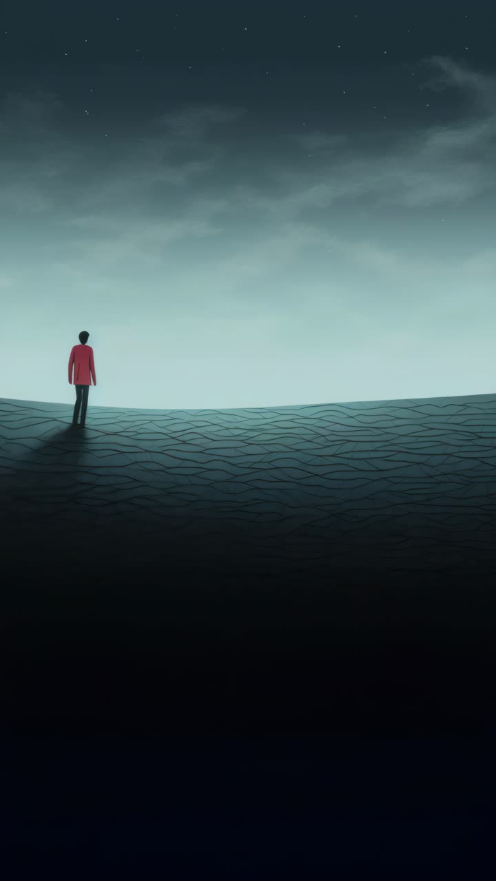 A surreal video concept with a lone figure on a vast landscape under a starry sky