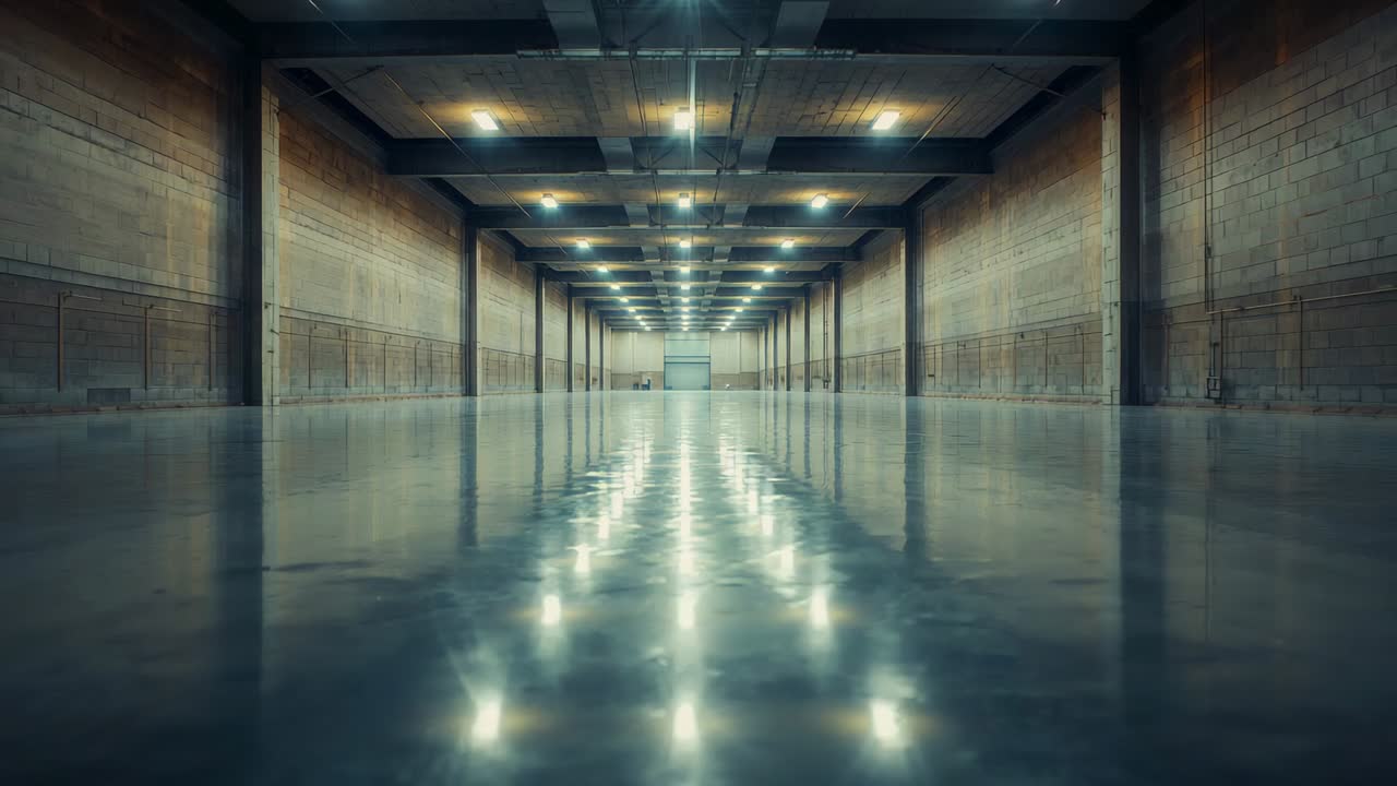 Industrial corridor staying empty in warehouse, with floor overhead lights and rolling shutter door