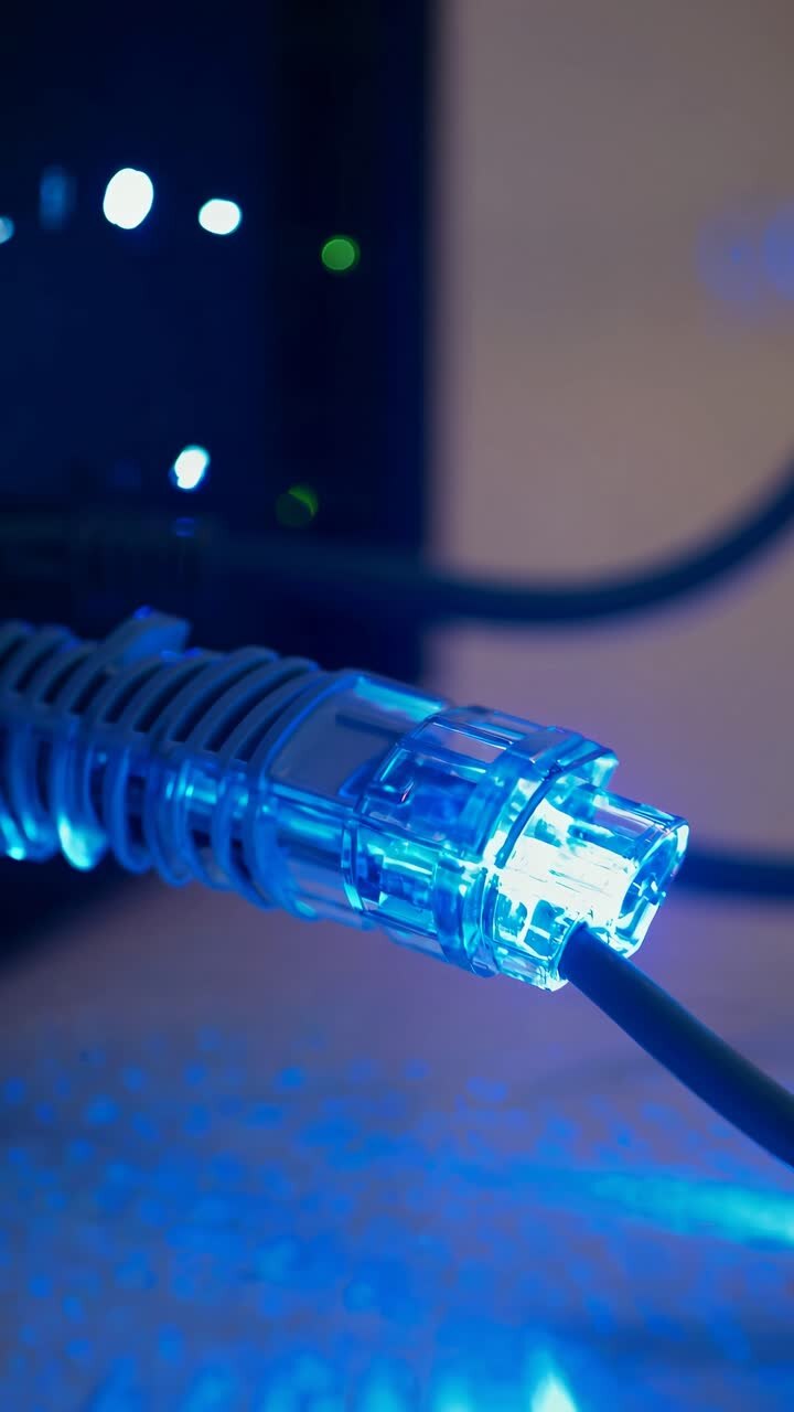 Nærbillede i lav vinkel af et glødende blåt Ethernet-kabel, der fremhæver konnektivitet og teknologi