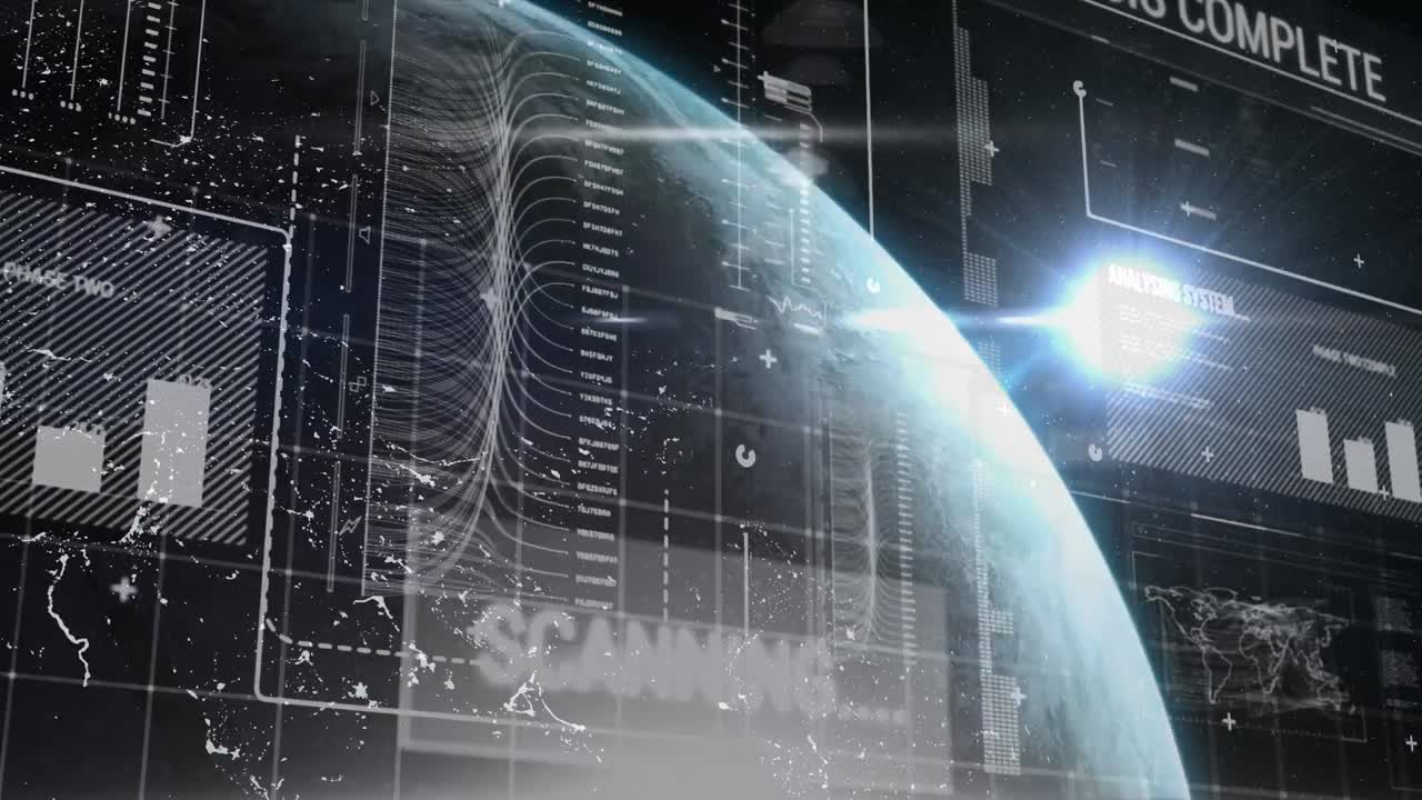 검은 바탕에 전 세계에 대한 데이터 처리의 애니메이션