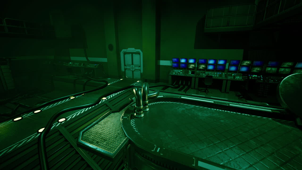 Control room with glowing screens and eerie atmosphere in dim light