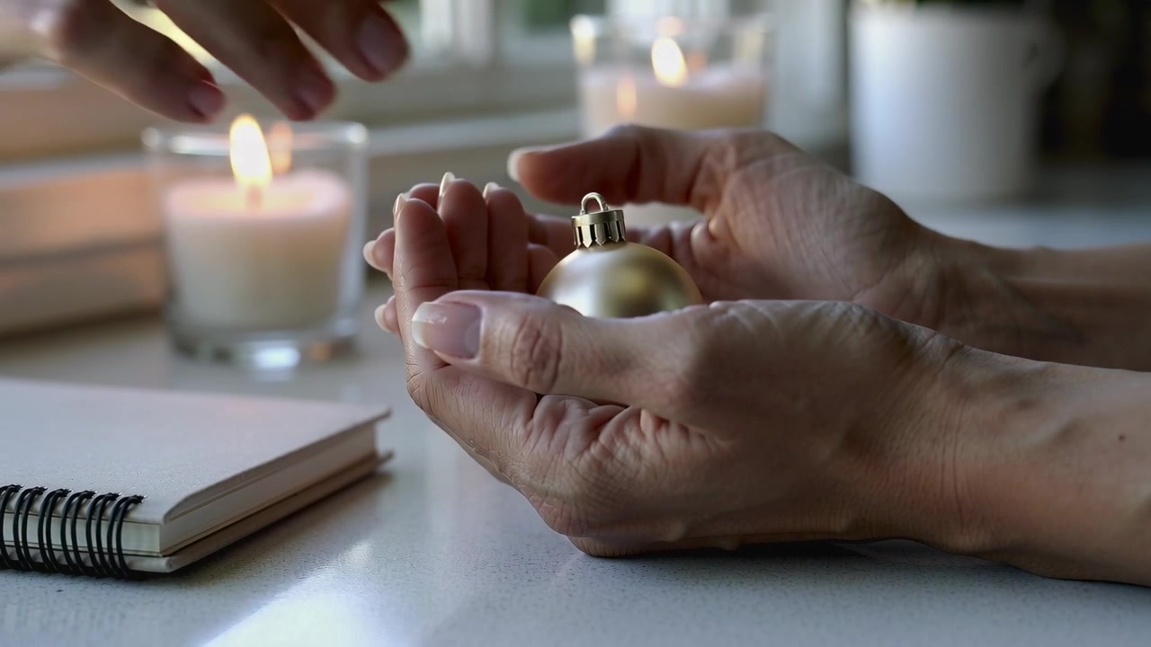 Receiving adult hands accepting gold ornament from reaching hand at home table to examine
