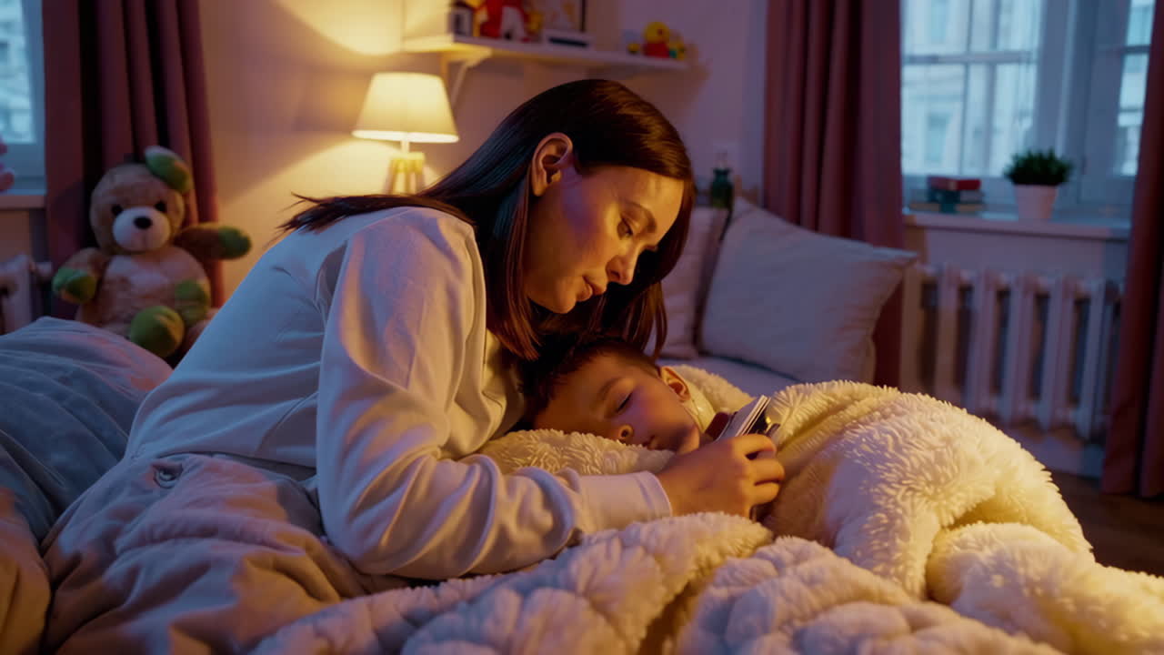 Mother Reading to Child in Bed