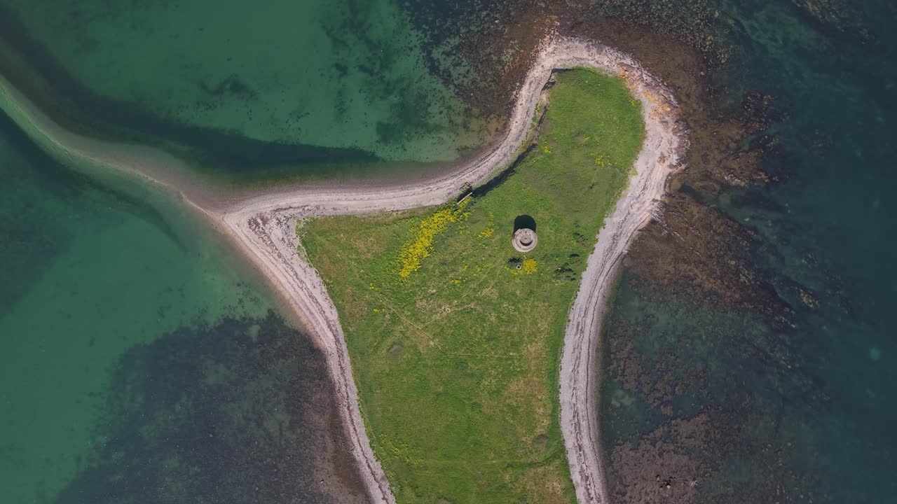 Aerial view of Martello towers on lush islands near Dublin, Ireland