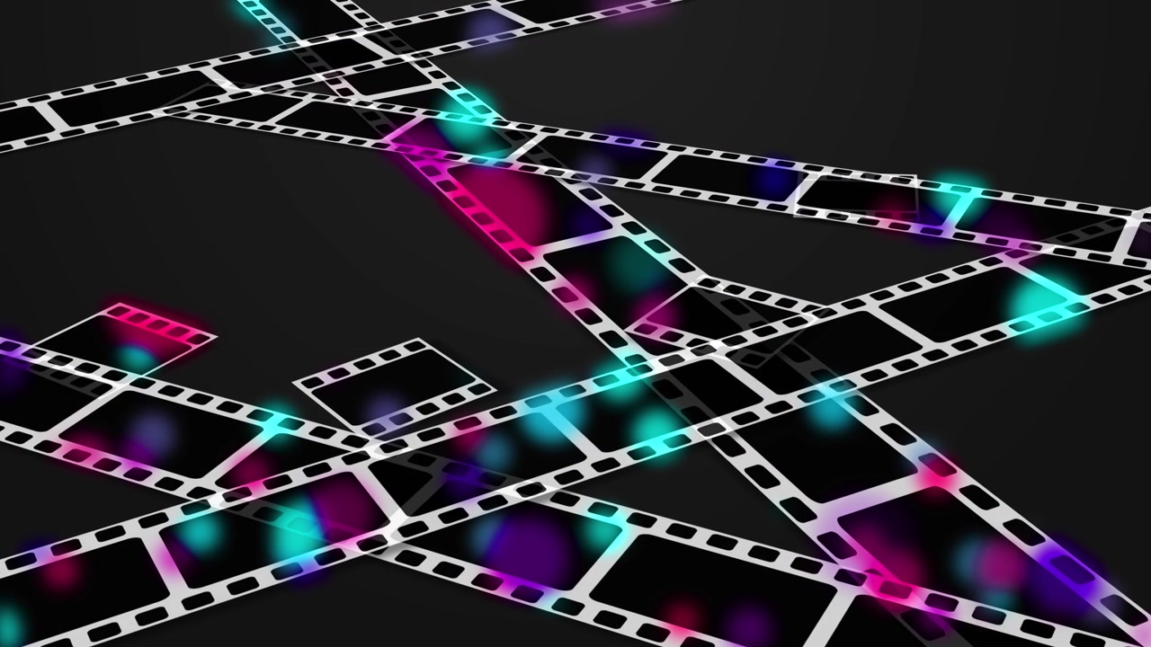 Crossing film reel motion overlay with bright white strips dark cinema spaces and colorful glow