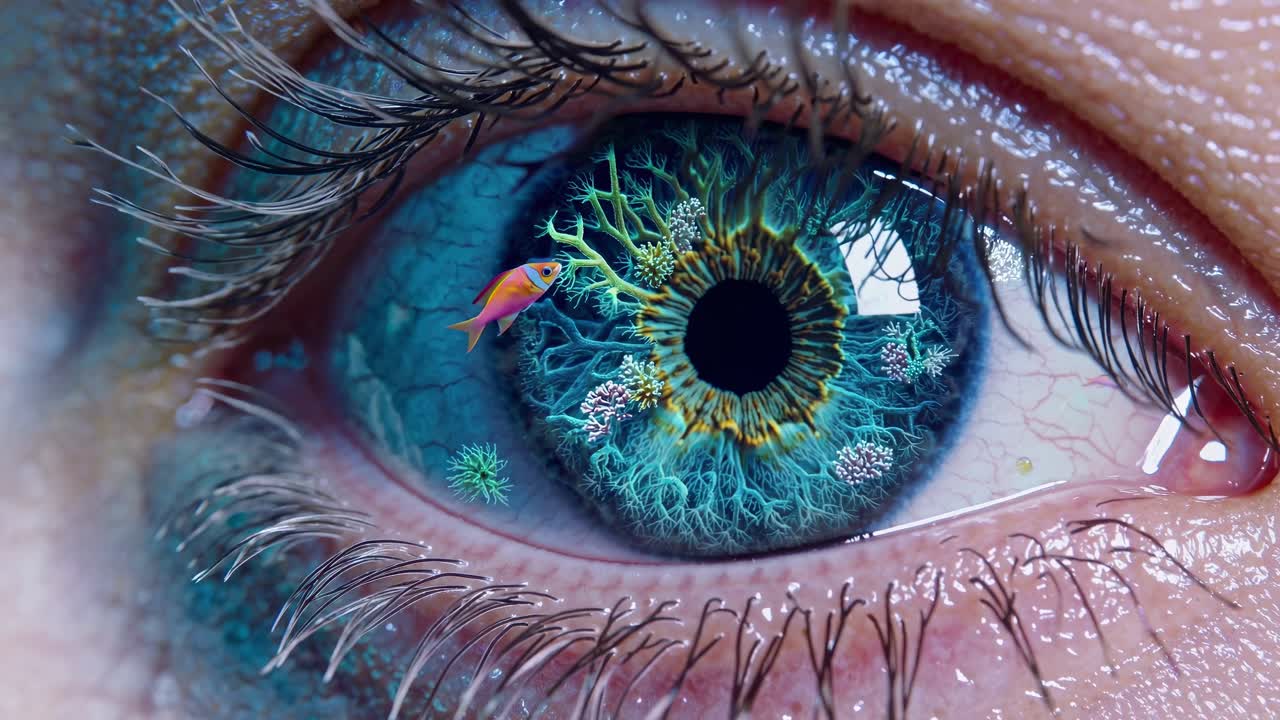 Vibrant coral reef and iridescent marine life swimming within luminous blue eye, generating mesmerizing dreamscape revealing profound oceanic mysteries and imaginative visual fusion