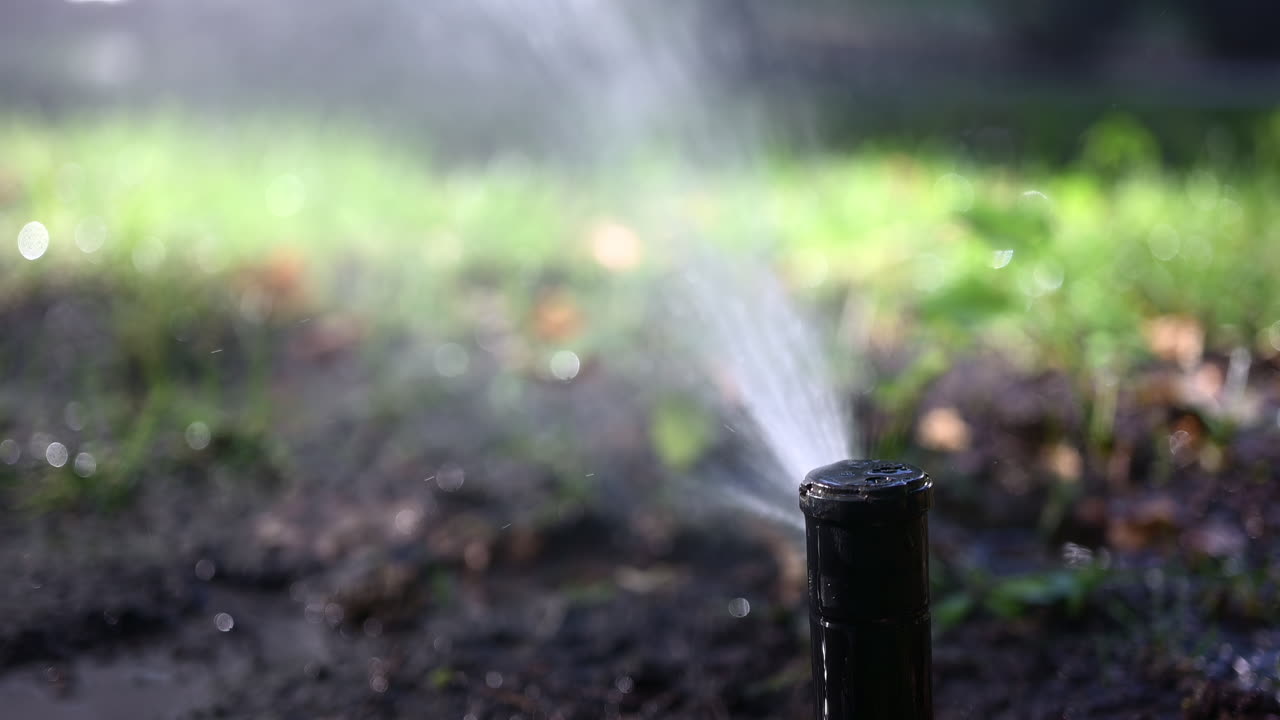 Irrigatore da giardino che spruzza acqua con raggi solari intensi, creando riflessi scintillanti