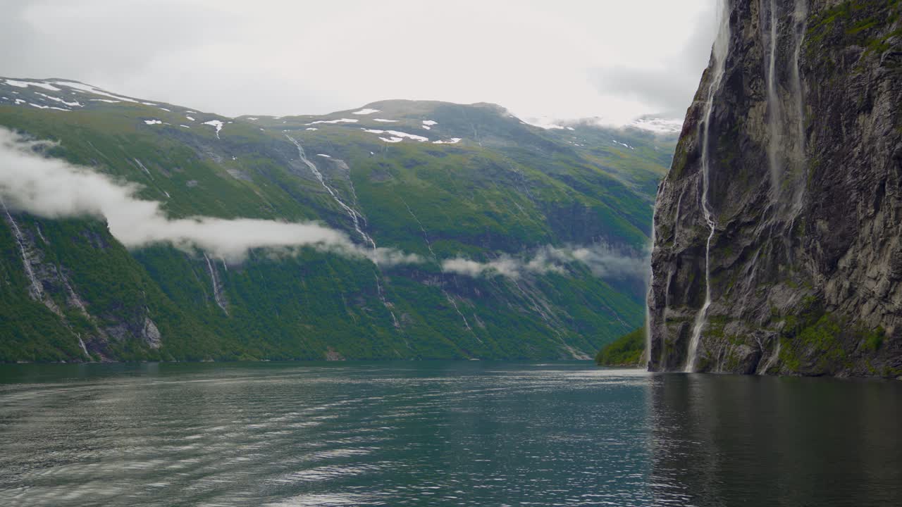 Seven Sisters Waterfall at Geiranger Fjord, Norway. Scenic Scandinavia nature, sea landscape.