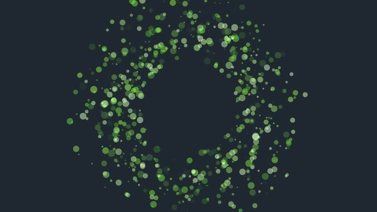 A dynamic circular design featuring green dots on a black background creates a visually striking pattern. The arrangement suggests motion and energy, evoking a sense of movement and vitality