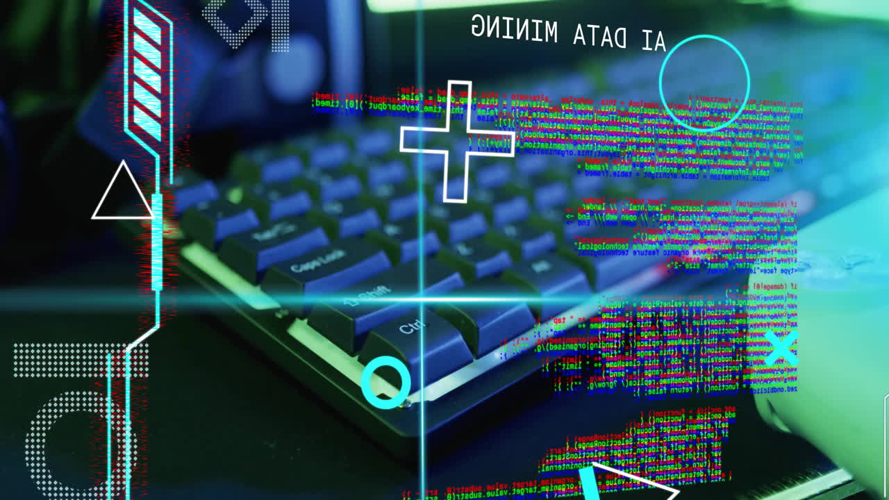 Animation of interface ai data mining, shapes and blue scanner beams over computer keyboard
