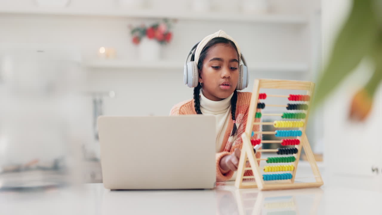 Online, abacus and laptop with child