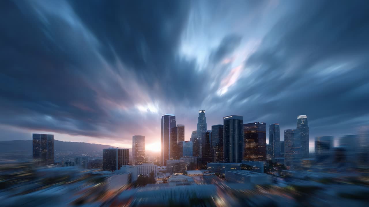 Stunning Urban Skyline Transition from Sunset to Night in a Vibrant City, Showcasing Tall Buildings Against a Dramatic Cloudy Sky