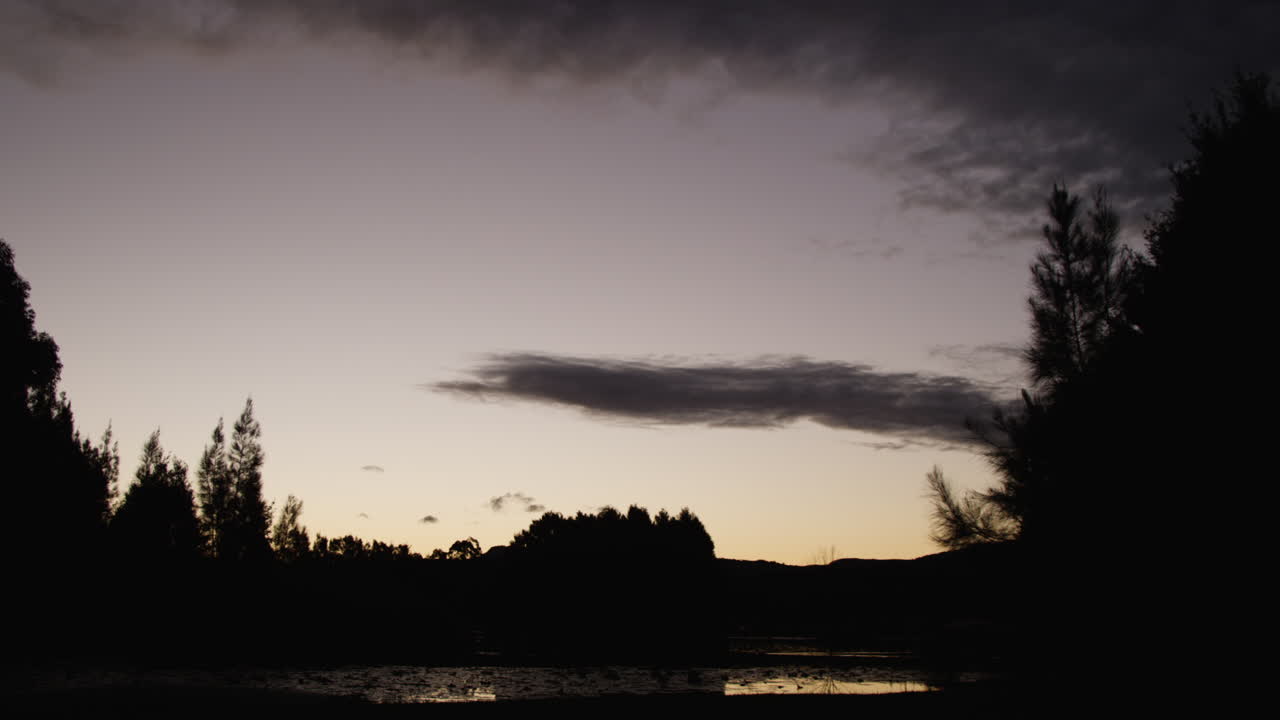 Orangefarbener Lichtblitz unter den Wolken während einer Zeitrafferaufnahme des Sonnenuntergangs