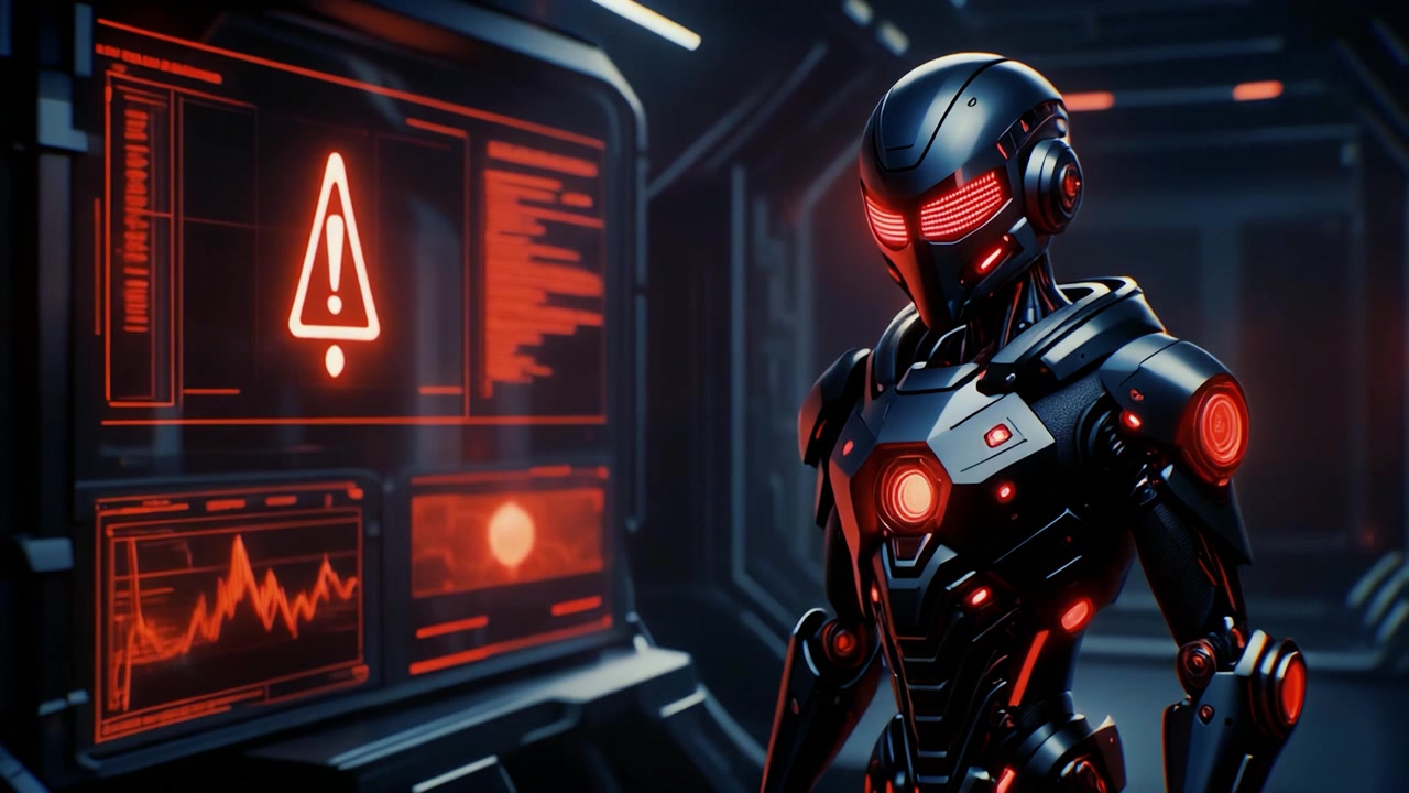 Androide futuristico in piedi davanti a uno schermo di avviso digitale in un laboratorio buio