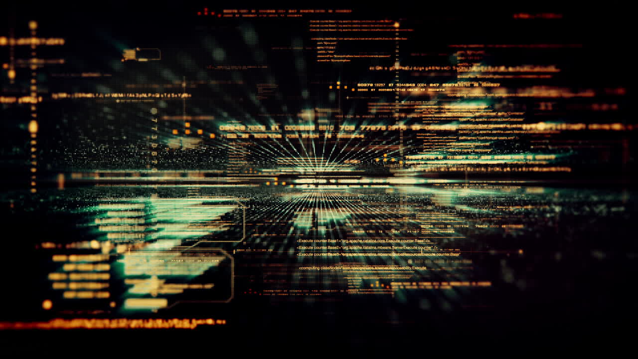 Futuristic abstract de-focus data matrix, meta, metaverse, telemetry and encrypt numbers display with particles simulation in cyber space environment for head up display background