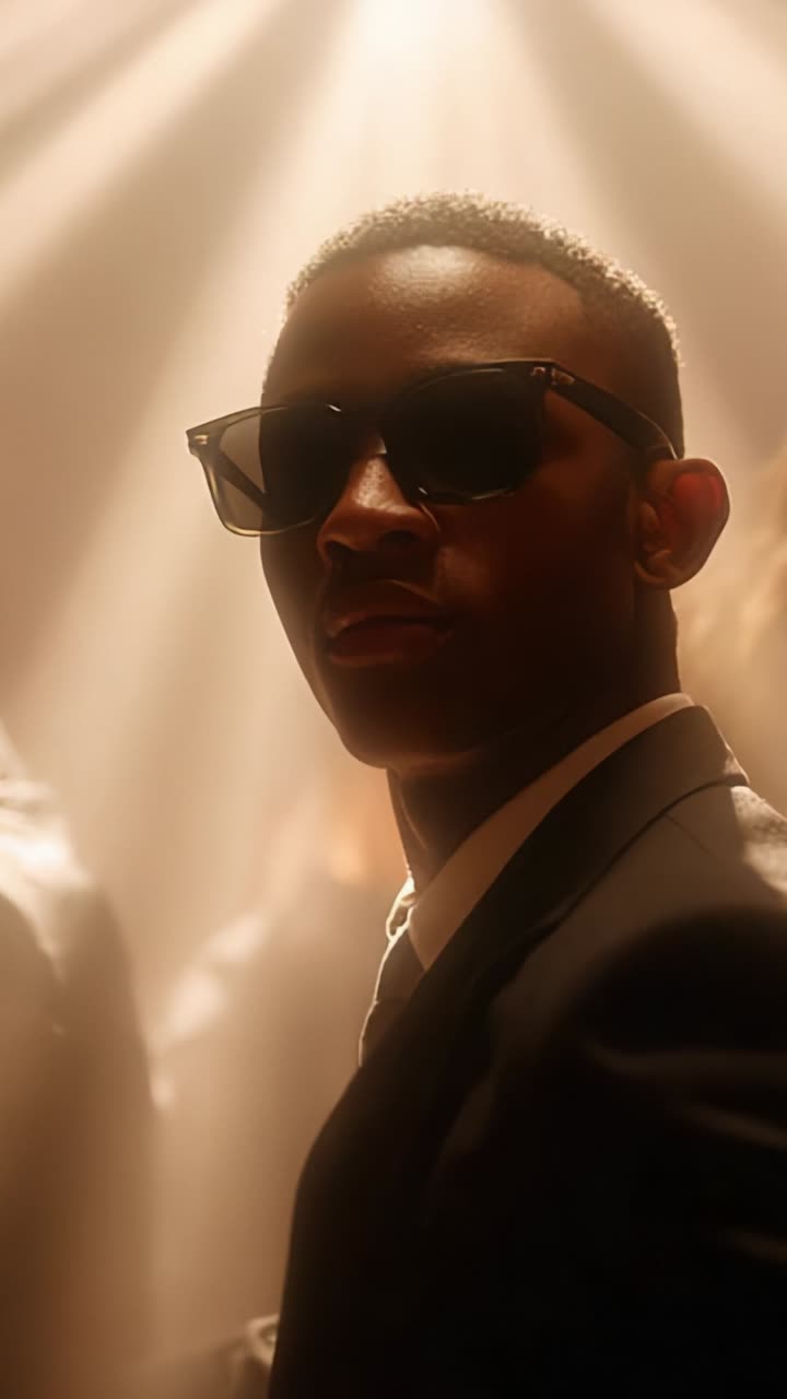 A Confident Individual in Stylish Sunglasses Surrounded by Dramatic Lighting, Captured at a Lavish Event for a Nightlife Experience Unforgettable