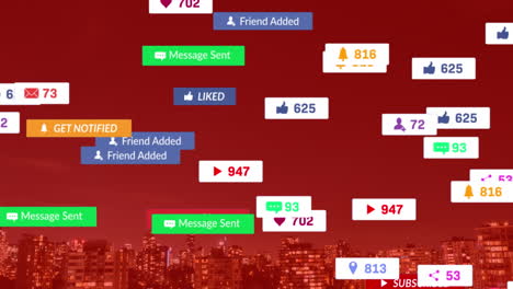 animation of falling social media icons and emojis over cityscape