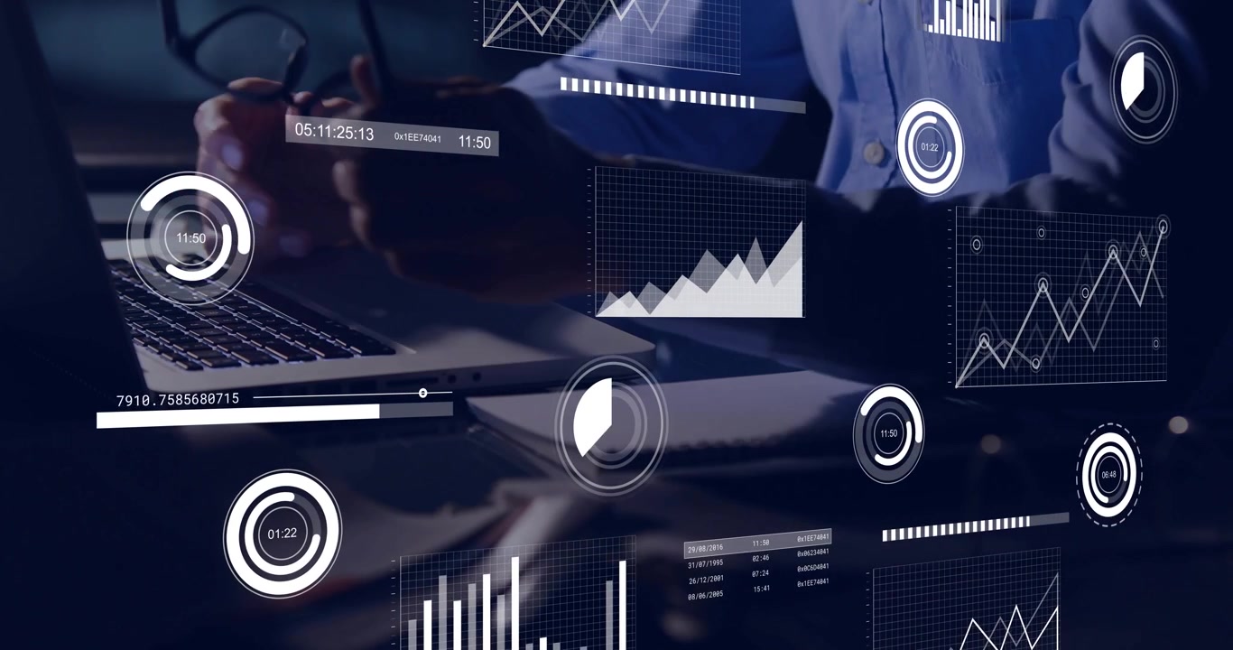 Business analyst using laptop activating animated charts while picking glasses and monitoring data