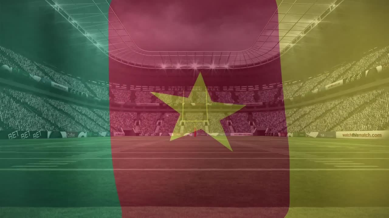 animación de ondear la bandera de camerún contra la vista de un estadio deportivo