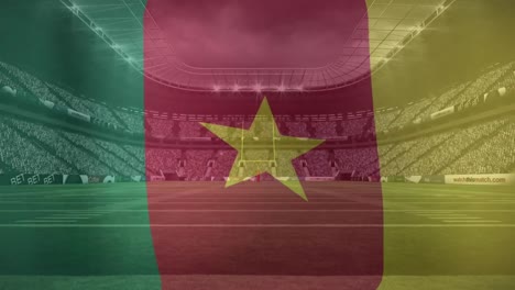 Animation-Der-Schwenkenden-Kamerun-Flagge-Vor-Dem-Blick-Auf-Ein-Sportstadion