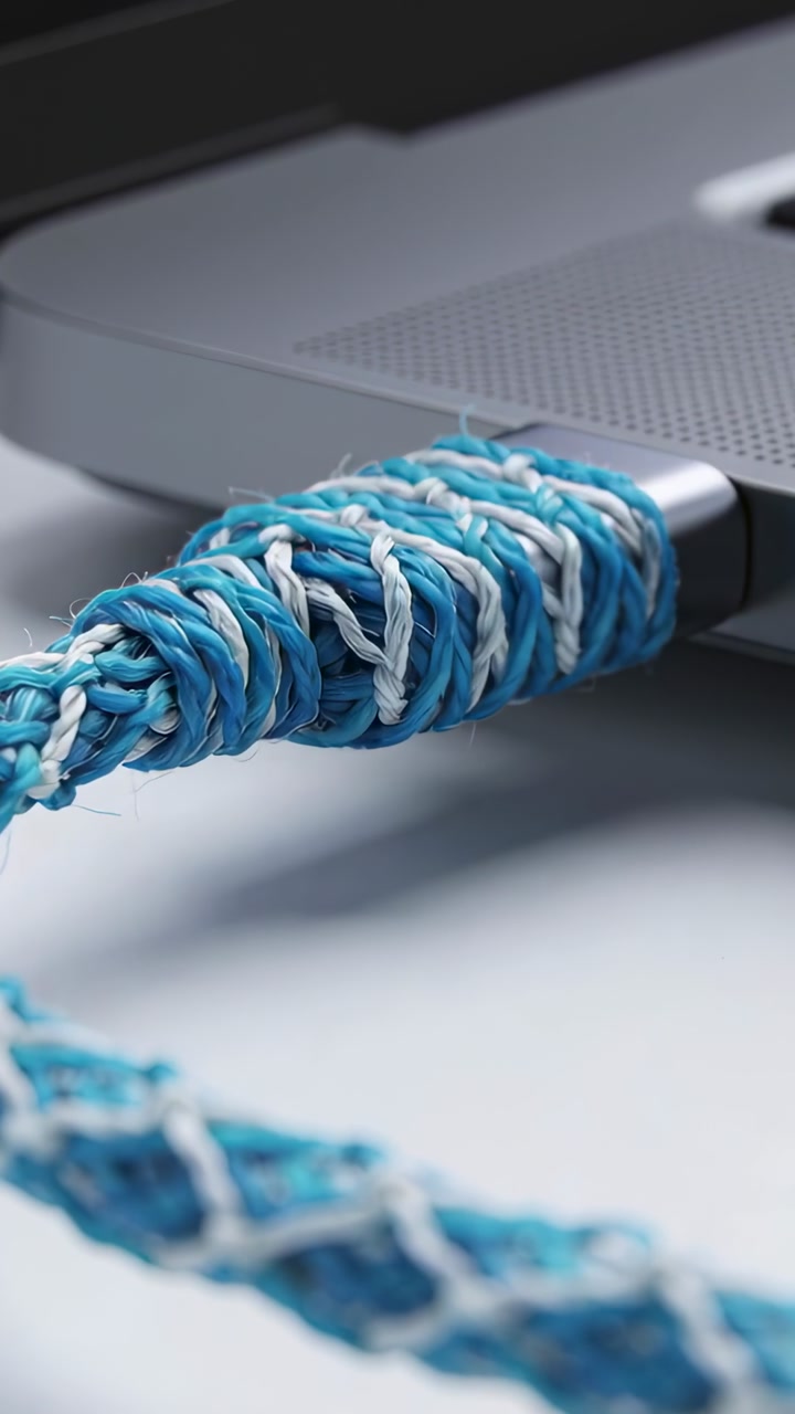 Vertical video: Connector entering, braided blue-white cable settling into laptop port for charging