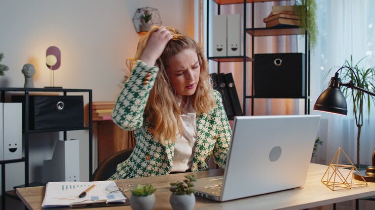 Utilfreds ked af det kontorkvinde bruger bærbar computer og arbejder mister dårlige nyheder computervirus mislykkes taber spil