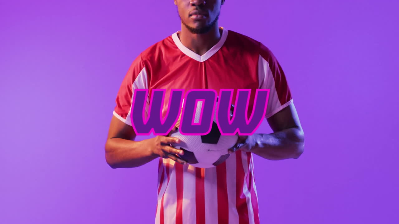 Holding soccer ball, man in striped jersey with WOW text in animation