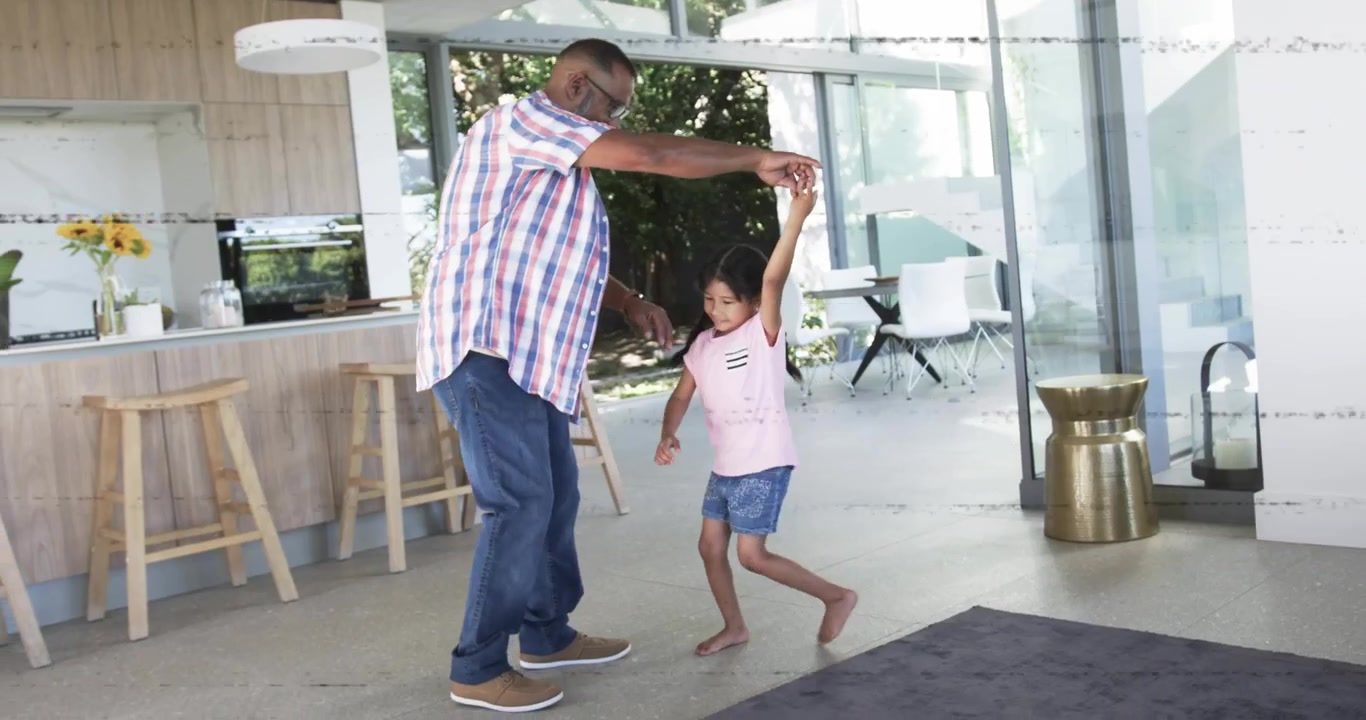 Father extending arm lifting daughter's hand initiating spin on rug, animated guide for education