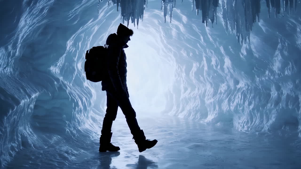 Silhouette of a Hiker Exploring a Translucent Blue Ice Cave