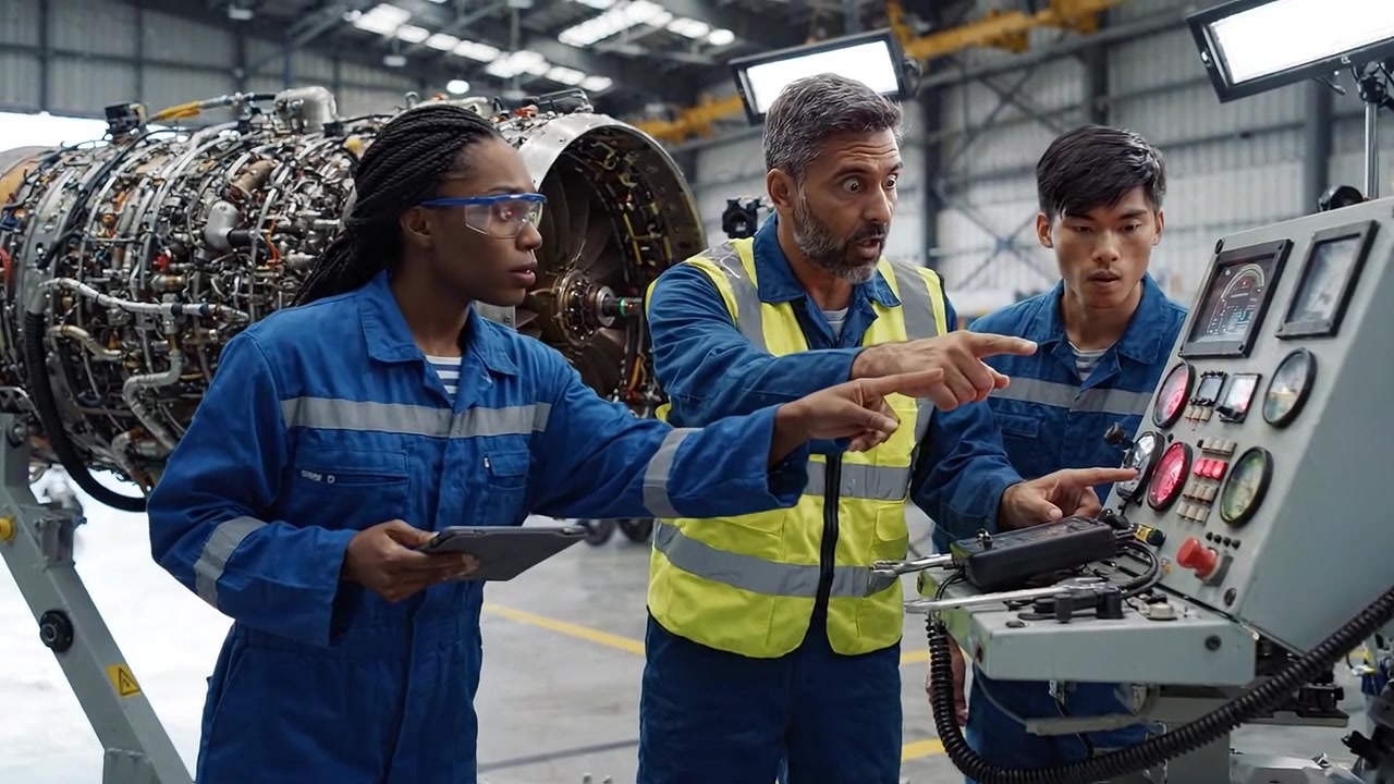 Technicians Collaborate on Aircraft Engine Maintenance, Analyzing Control Panel and Making Adjustments to Ensure Optimal Performance and Safety Standards in Aviation