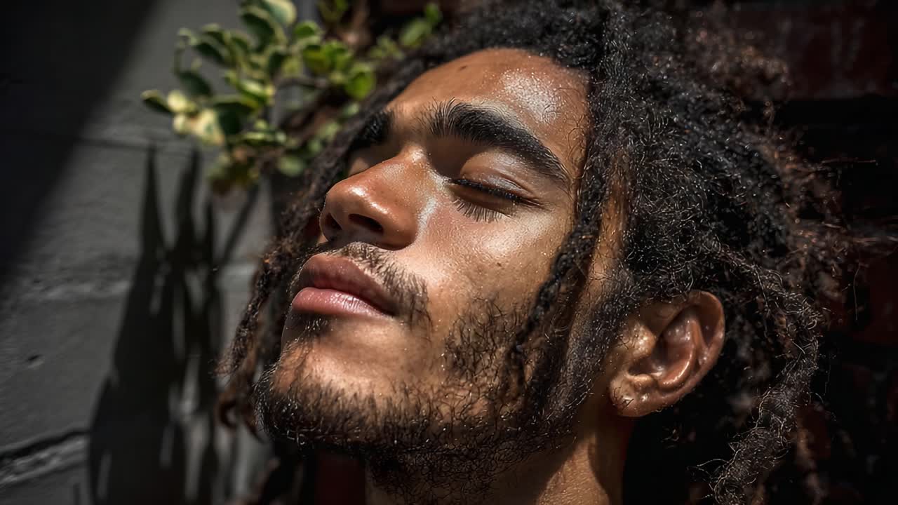 A Moment of Serenity: A Young Man with Dreadlocks Enjoying Sunlight, Capturing Inner Peace and Connection with Nature in Intense Light and Shadows