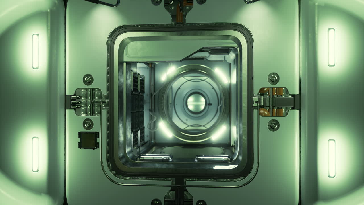 Technical interior of a modern device illuminated with bright lights