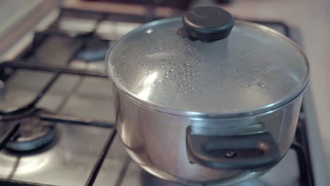 el agua hirviendo en la olla de la estufa de gas en casa