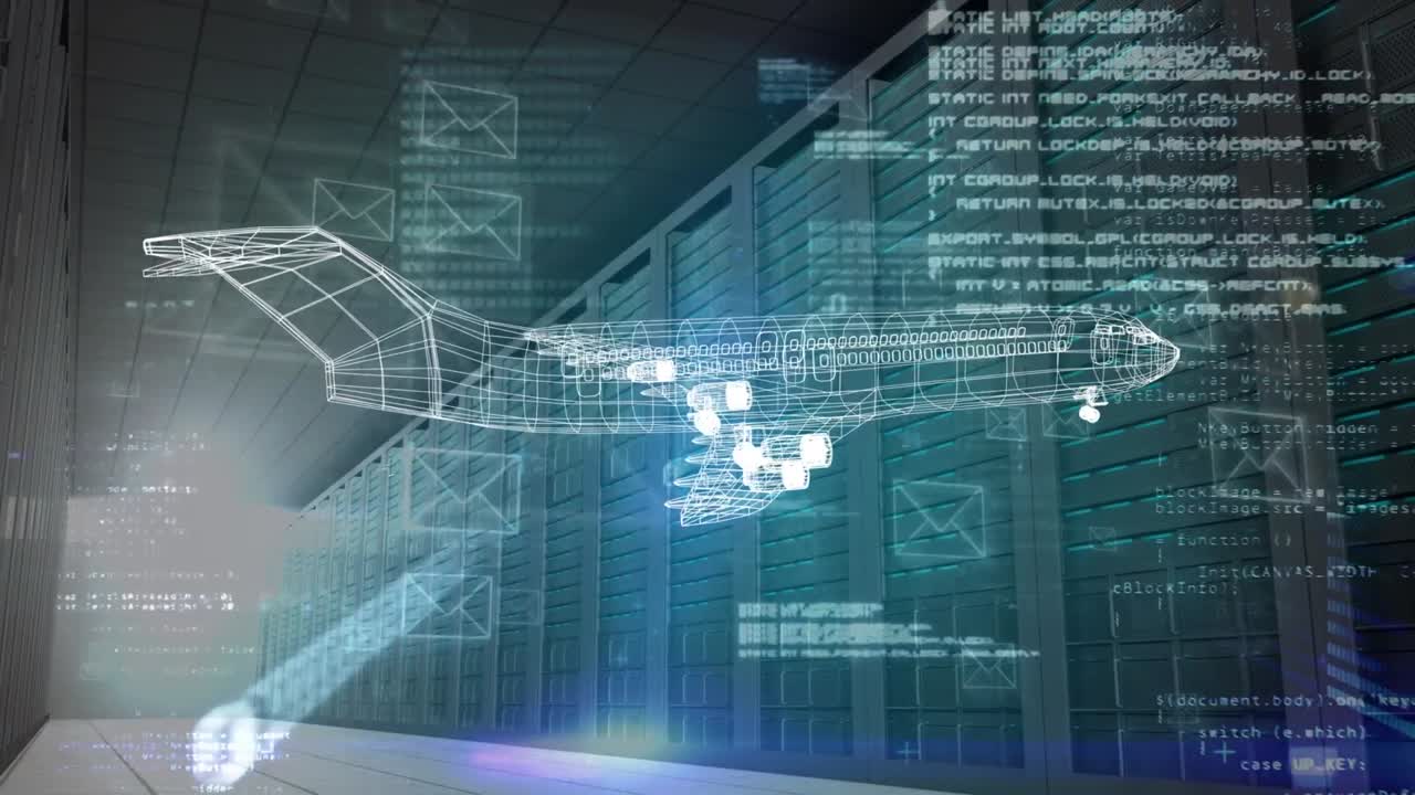 블랙과 블루 스페이스에서 이메일과 데이터 처리를 회전하는 비행기 프로젝트의 애니메이션