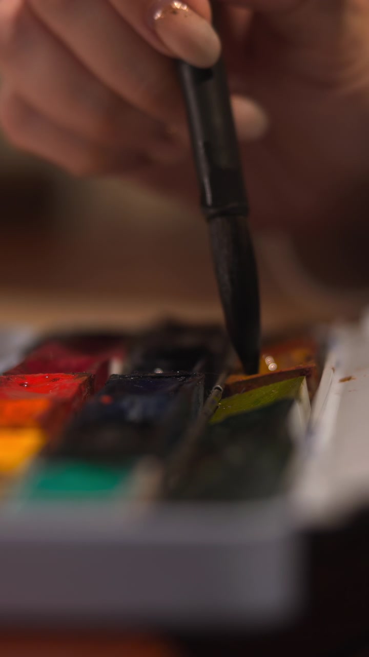 Closeup Watercolor Palette And Brush Mixing Vivid Pigments On Paper In Cozy Studio, Nailpolished Hand Loads