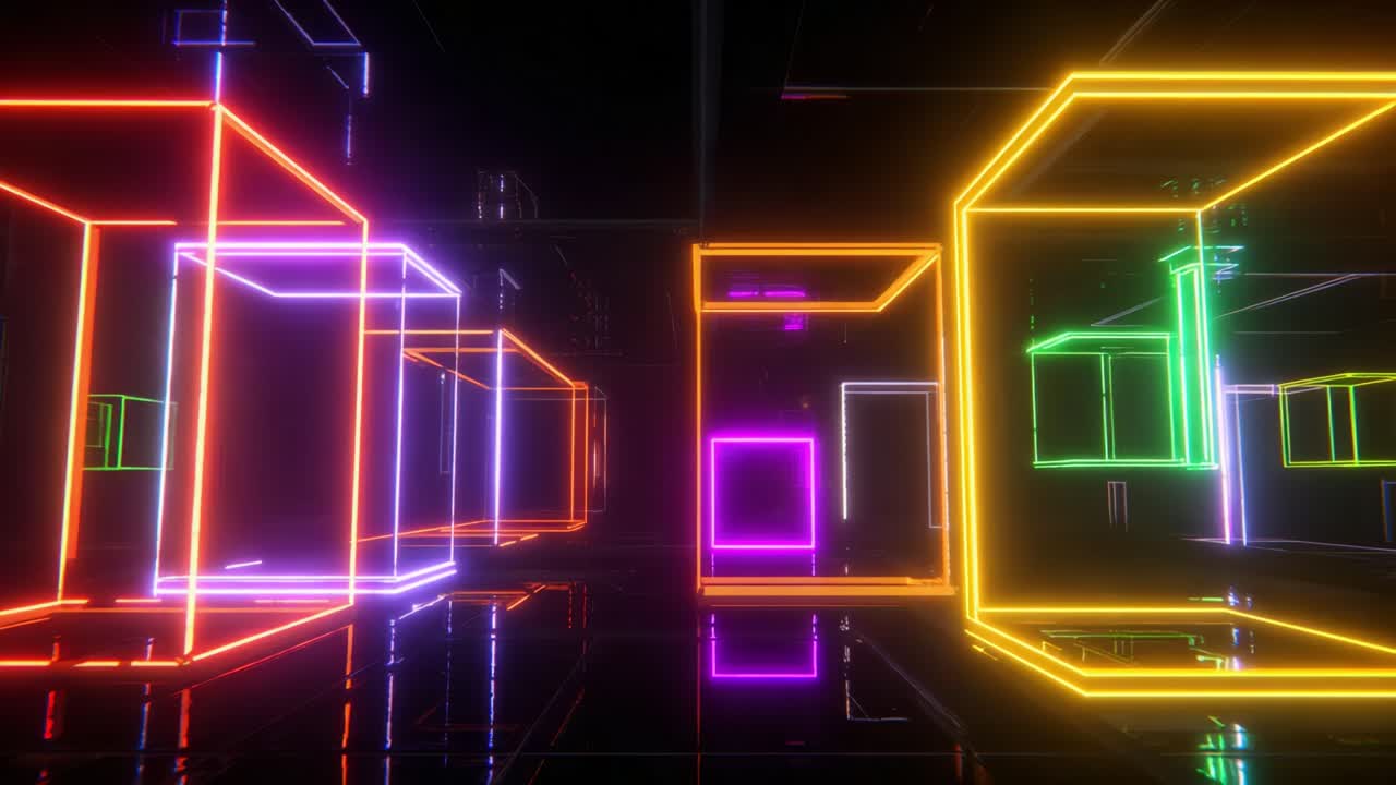 A captivating display of glowing geometric shapes illuminates a dark space with colorful neon lights, creating an immersive environment that merges art and technology