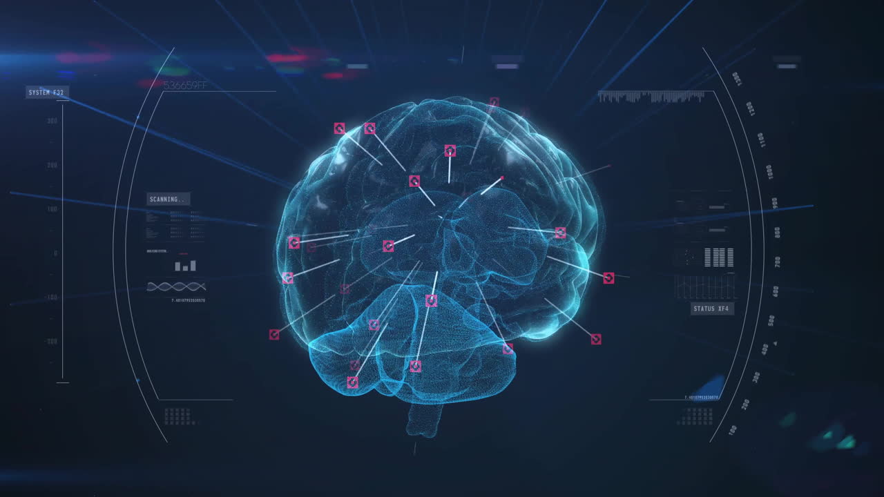 Animation of human brain and data processing over dark background