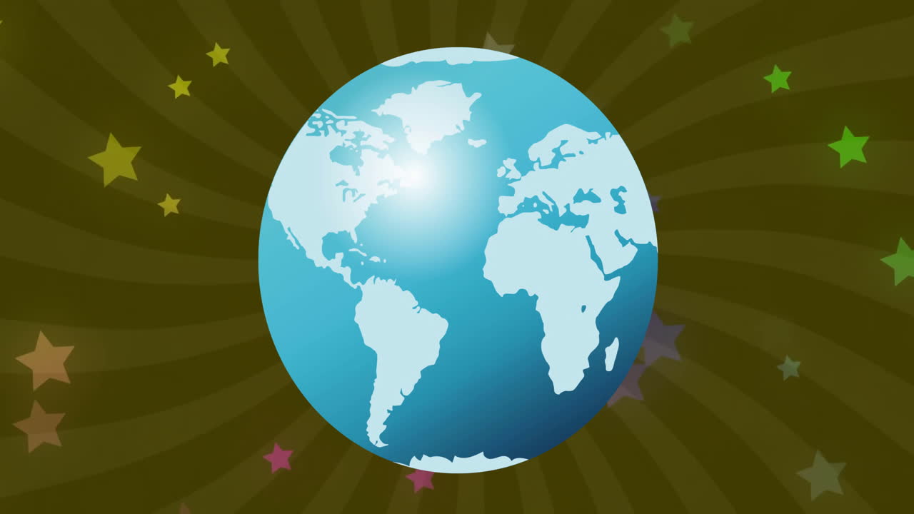 Animation of blue and white globe and coloured stars over radial dark green stripes