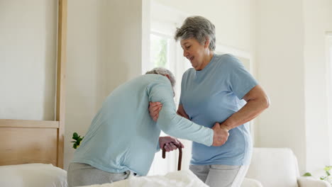 senior man, woman and bed with walking stick