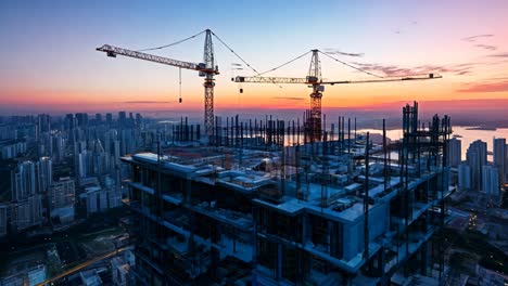 construction site with cranes at sunset over a city skyline in summer