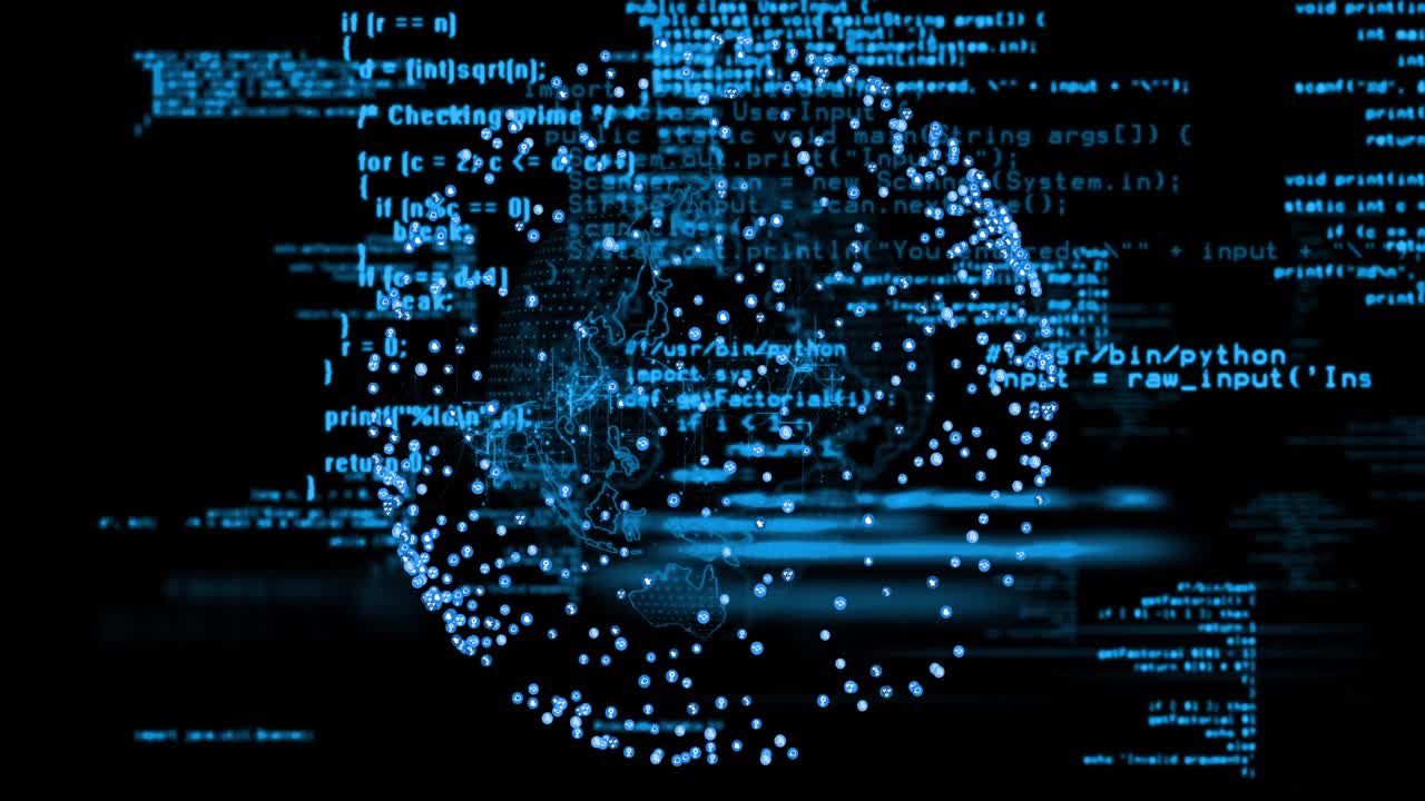 Animation of network of connections and data processing over spinning globe