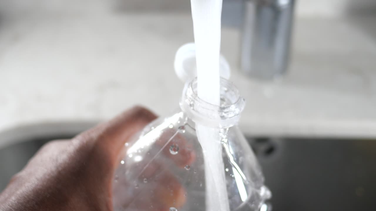 Filling a plastic water bottle from a kitchen tap