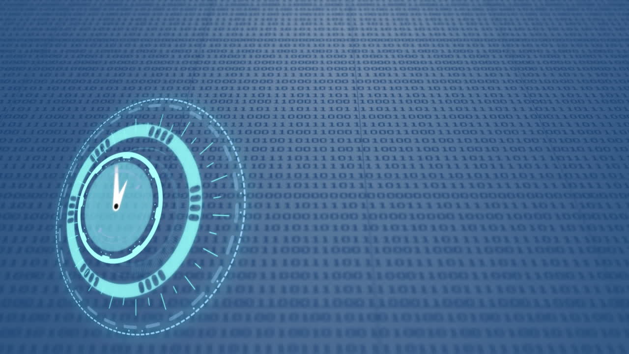 animación del reloj sobre código binario azul