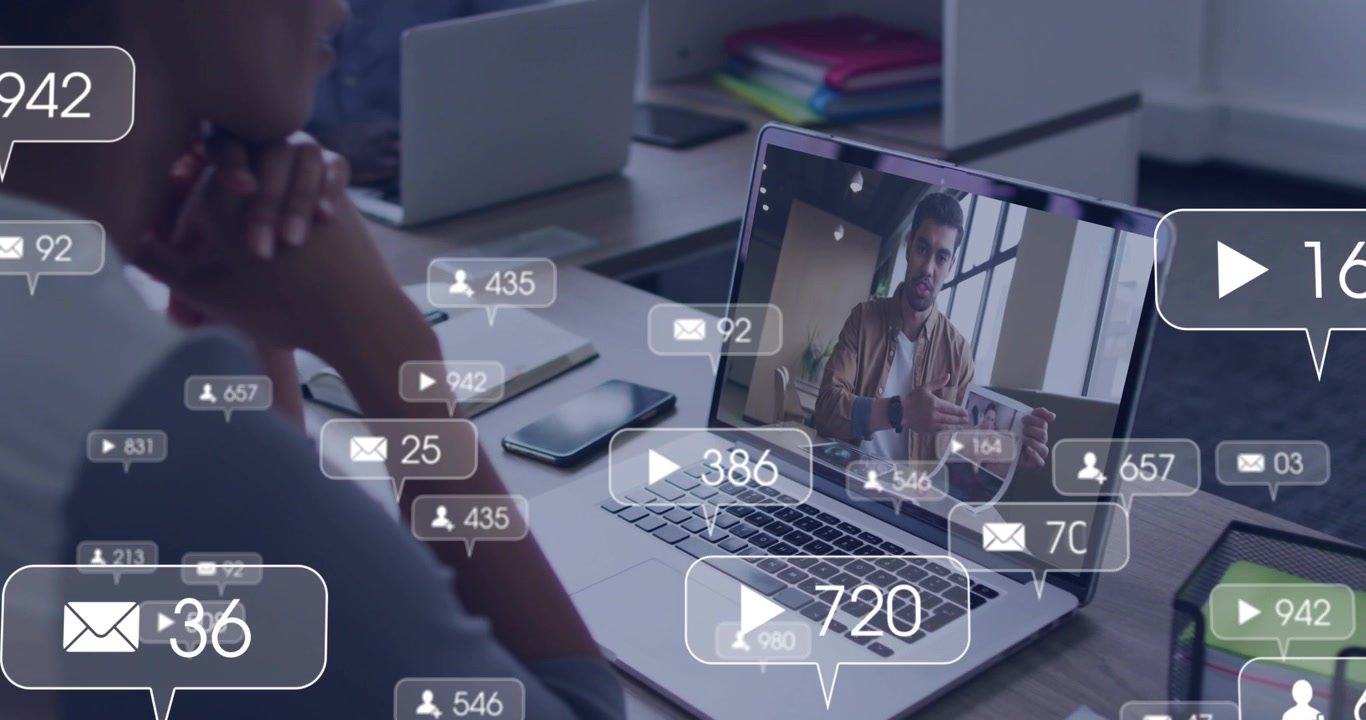 Female viewer watching laptop host gesturing, sparking marketing likes mail bubbles hiding laptop
