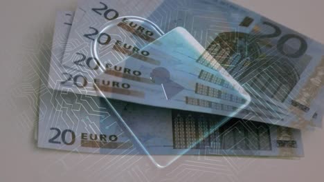 animation of integrated circuit and security padlock over euro banknotes