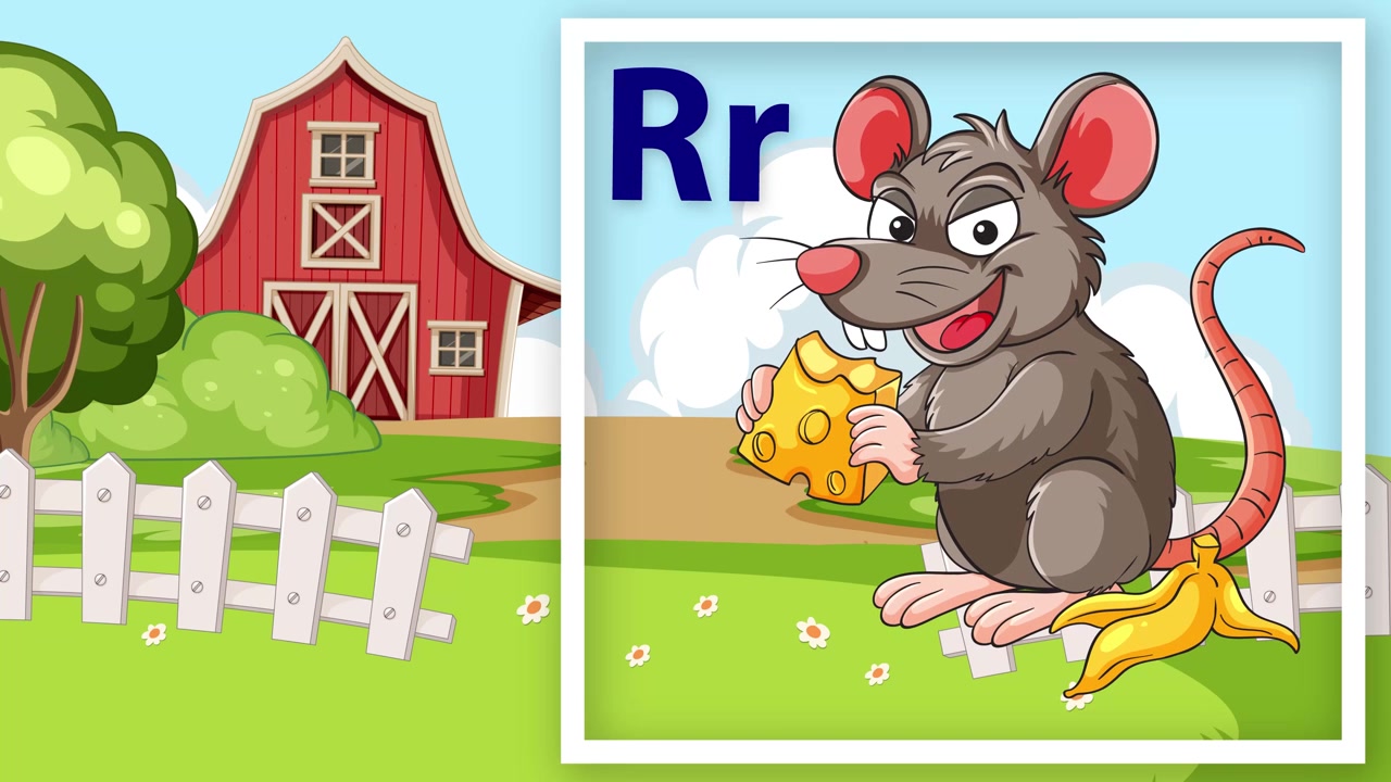 Animerat pedagogiskt flashcard som visar bokstaven R och en tecknad råtta som äter ost på en bondgård.