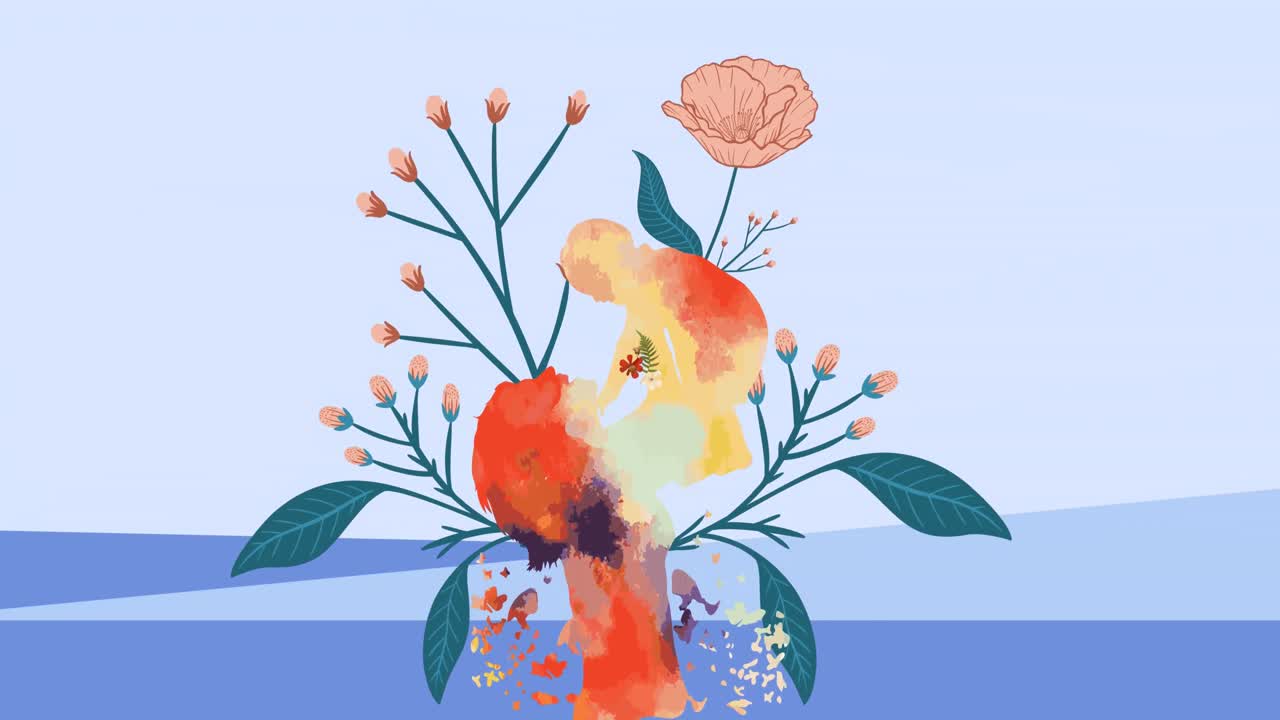 animazione di madre con bambino che dipinge sopra la pianta