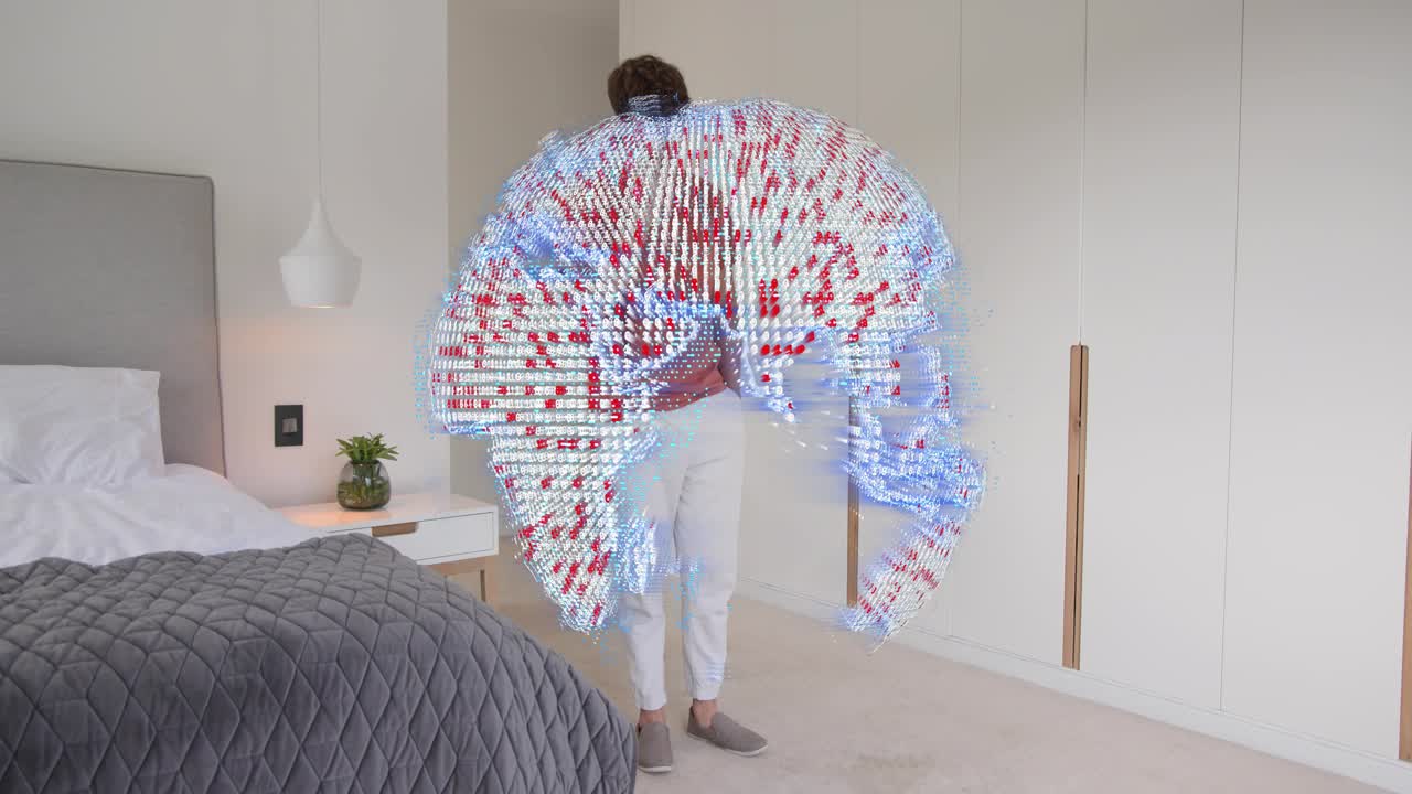 Man entering doorway while calling smartphone, AR globe manifesting, rotating into shell behind him